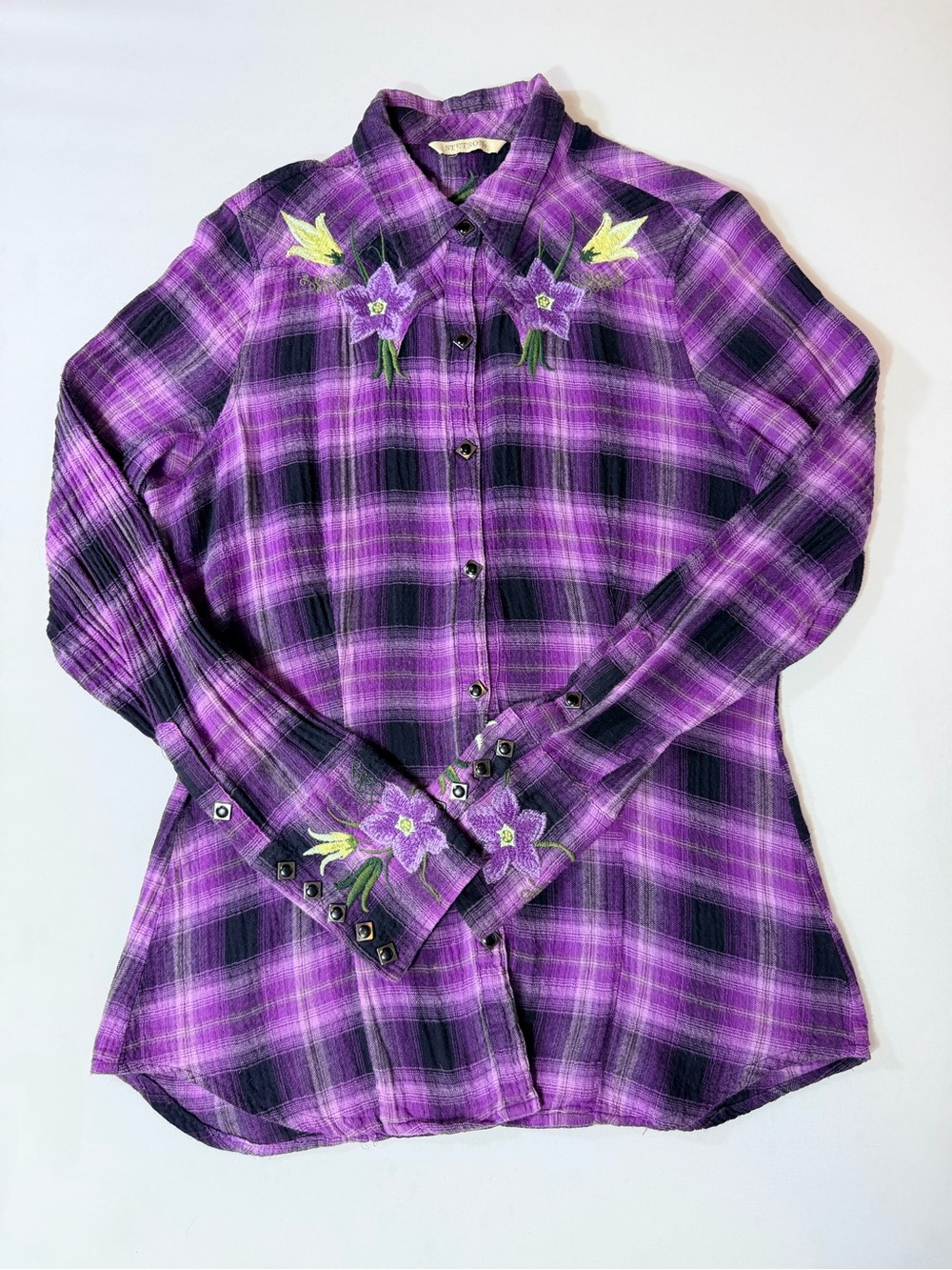 Stetson Women’s Large Embroidered Shirt Purple Floral Plaid Vintage